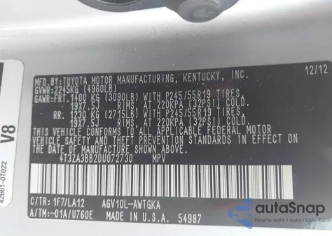 2013 Toyota Venza Xle из США, поврежденный, VIN 4T3ZA3BB2DU072730